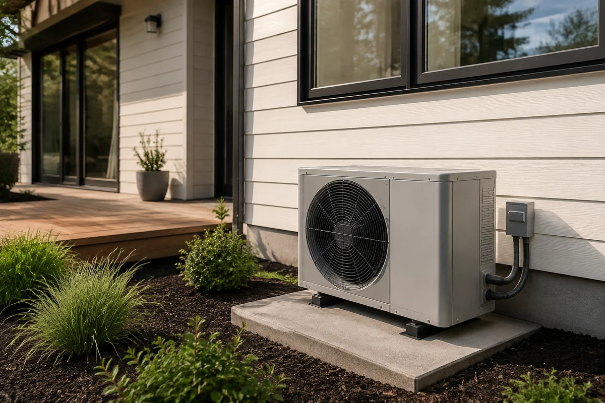 Outdoor air conditioning unit beside a light-colored home — AI-generated concept photography